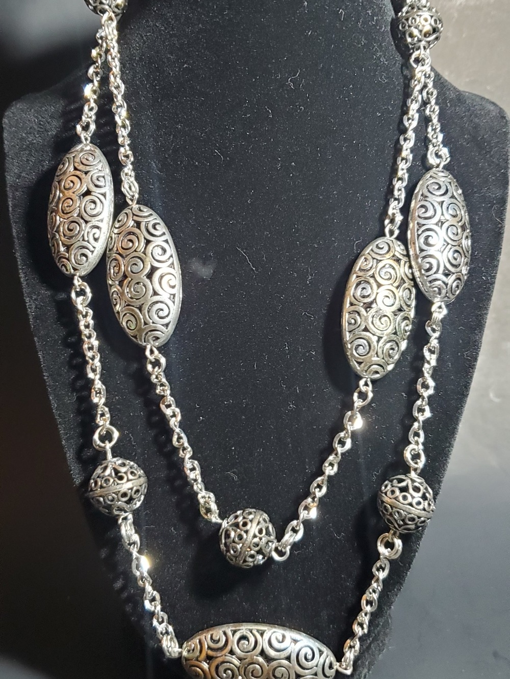 CHICO'S Double Strand Silver Tone Chunky Filigree Beaded Long Necklace - Silver
